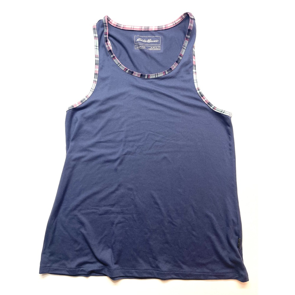 Eddie Bauer Sleep Tank Top Navy Blue Plaid Trim Comfy Small Sleeveless Pajama